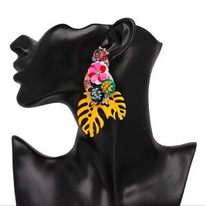 Zara Monstera Leaf Tropical Yellow Drop Earrings